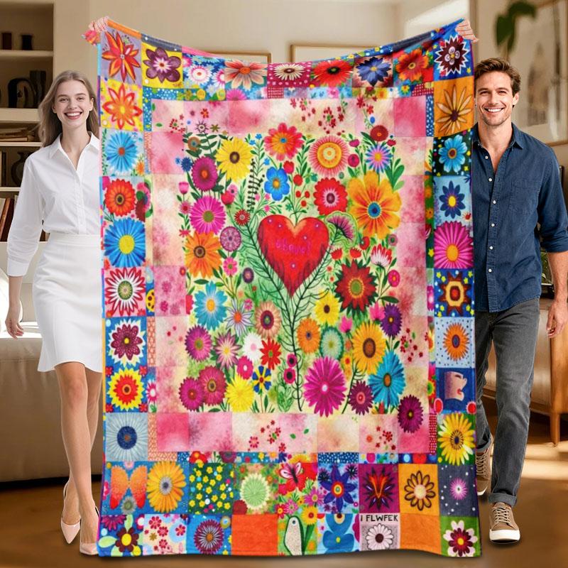 

1 piece floral heart pattern flannel blanket, colorful, soft, suitable for sofa, bed, office, all-season use. 70x100cm