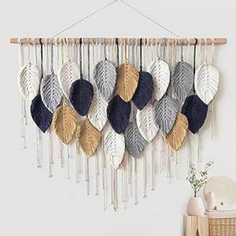 Boho Home Decoration, Macrame Tapestry Macrame Leaf Feather Wall Hanging Decor for Living Room Bedroom, Boho Wall Art Home Decor