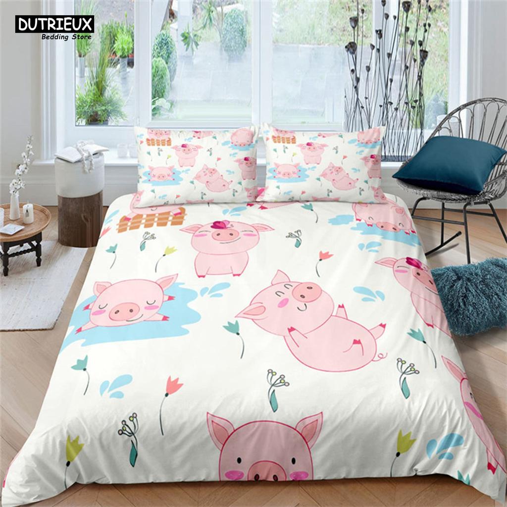 Cartoon Lovely Pig Duvet Cover Set Kawaii Animal Bedding Set King Microfiber Farmhouse Wildlife Theme Comforter Cover Pillowcase
