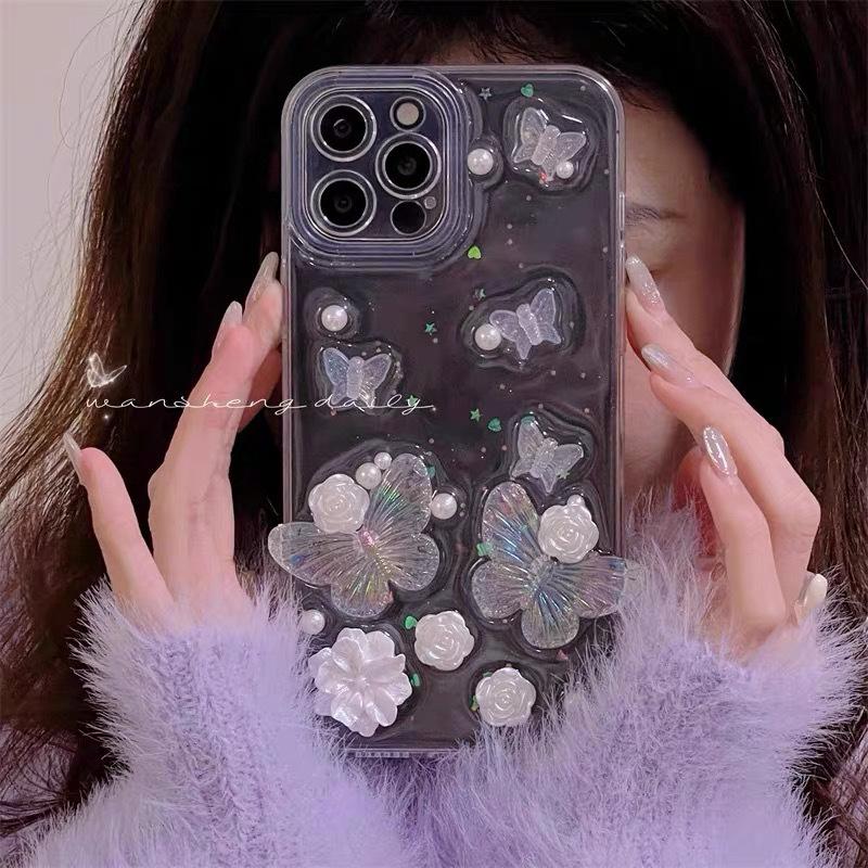 Korean Ins Style Flower Butterfly Mobile Phone Case for IPhone17promax Glue for Apple 16 Transparent Pearl