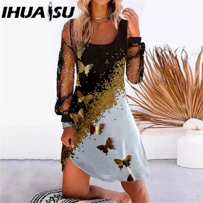 Damenmode Frühling Herbst Einfarbig Druck Langarm U-Ausschnitt Hohe Taille Freizeitkleider