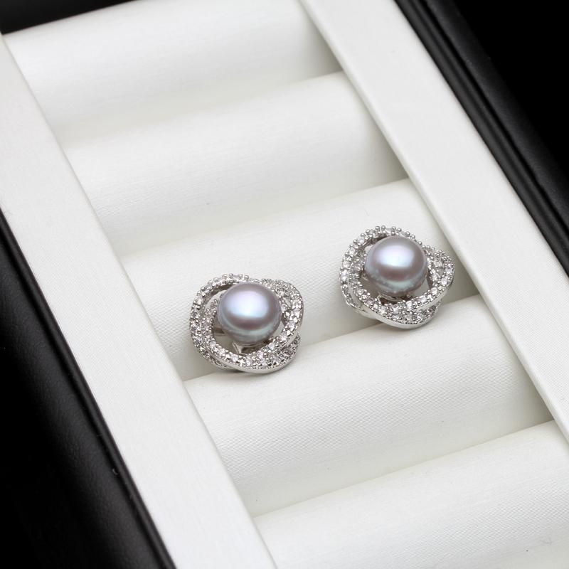 

Real Natural Freshwater Gray Flat Pearl Earring For Women,Bridal 925 Sterling Silver Stud Earrings With Pearls Wife Mother Gift