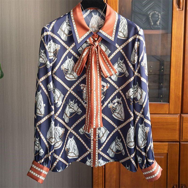 

2025 Autumn New Heavy Lapel Button Fashion Printed Ribbon Long Sleeve Design Shirt S синій