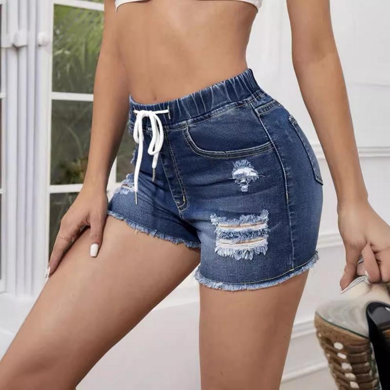 Pantaloni scurți noi din denim pentru femei, talie elastică, blugi stretch, rupți, croială slim, franjuri, denim, pantaloni scurți hot
