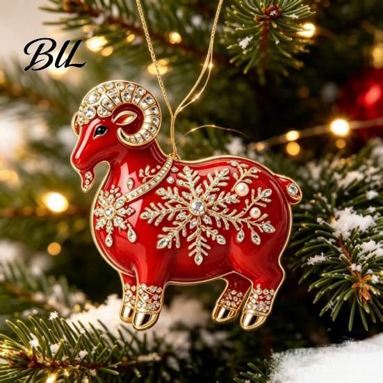 Decorative Goat Figurine Acrylic Christmas Tree Pendant, Hanging Ornament with Collectible Holiday Ornaments Rhinestone, Golden Cord for New