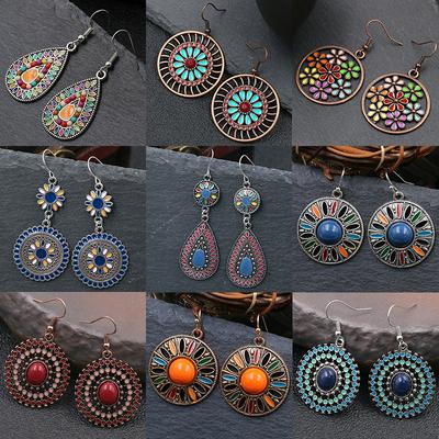 Ethnische Boho Bunte Emaille Ohrringe Für Frauen Bohemian Retro Hohl Blume Rund Geometrisch Vintage Hängende Ohrringe Schmuck