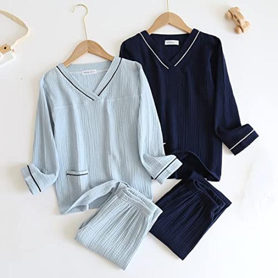 Yume Pajamas Double Gauze Pajamas for Roomwear for Long Marshmallow Sensitive Light Kids, Children, Cotton, Spring/Summer, Autumn/Winter, V-neck,