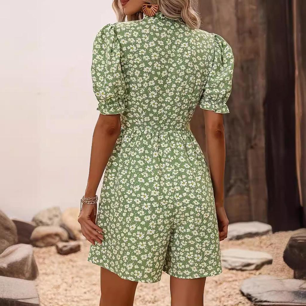 Temu Women's Daisy Print Puff Sleeve Jumpsuit - Fashionable Holiday Wear
