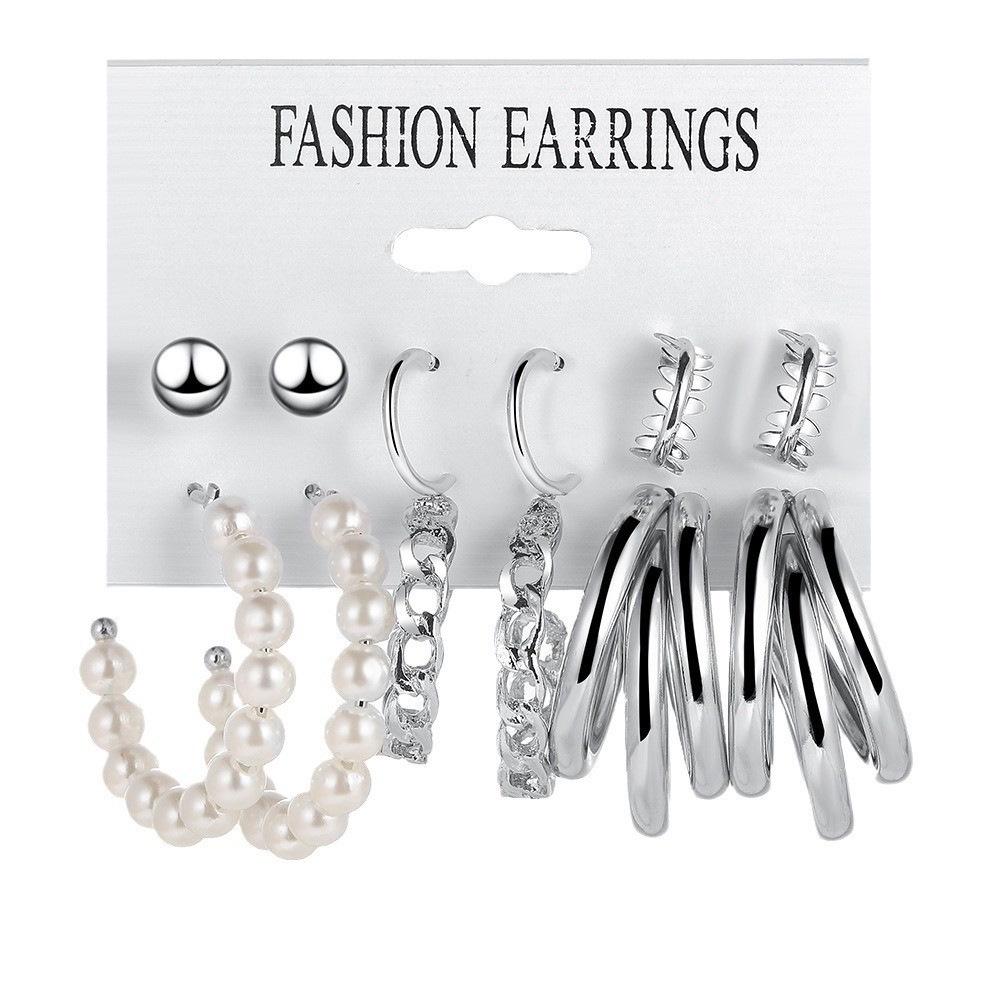 Hot European & American Geometric Pearl Circle Ear Cuffs & Round Bead Stud Earring Set