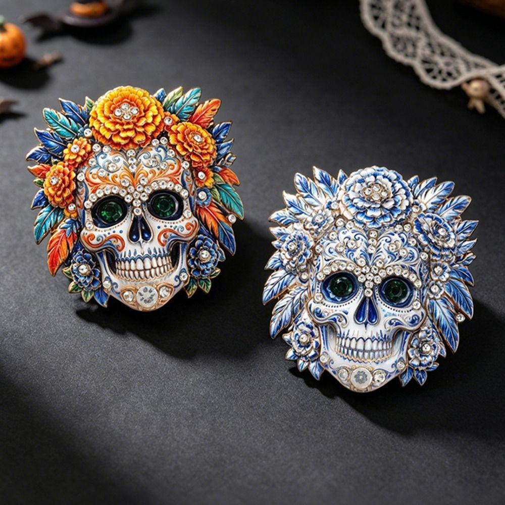 Blumiges Design Totenkopf Brosche Emaille Blumiger Totenkopf Abzeichen Anstecker Halloween Revers Anstecker Feiertag