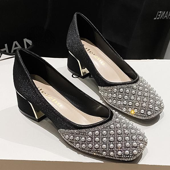

Big Size 35-43 Women Pumps Med Heel Square Toe Office Lady Shoes Pearls Crystal Diamonds Decoration Wedding Shoes Designer Style 35 чёрный