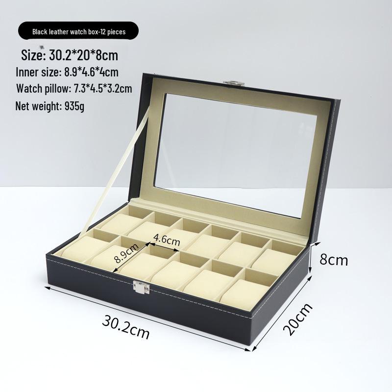 Dustproof Wood Grain Leather Jewelry Watch Box with Glass Display Top