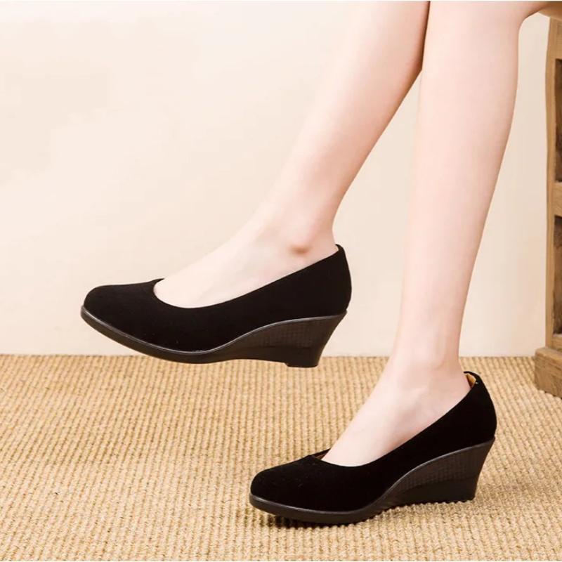 women cute light weight high quality black anti skid slip on wedge heel shoes lady leisure sweet comfort heel shoes ab207