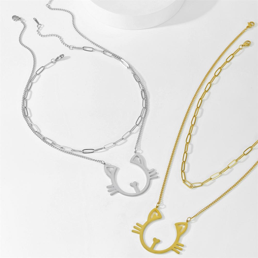 Cazador Stainless Steel Cute Cat Pendant Double Chain Necklaces for Women Animal Kitten Necklaces 2026 Jewelry Birthday Gift