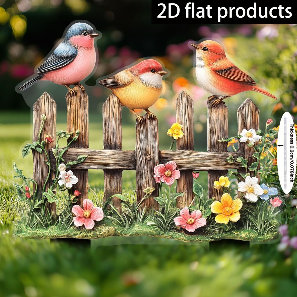Acrylic 2D Bird Garden Fence Ornament, Hanging Decor for Planter & Patio, Funny Garden Art & Friend Gift