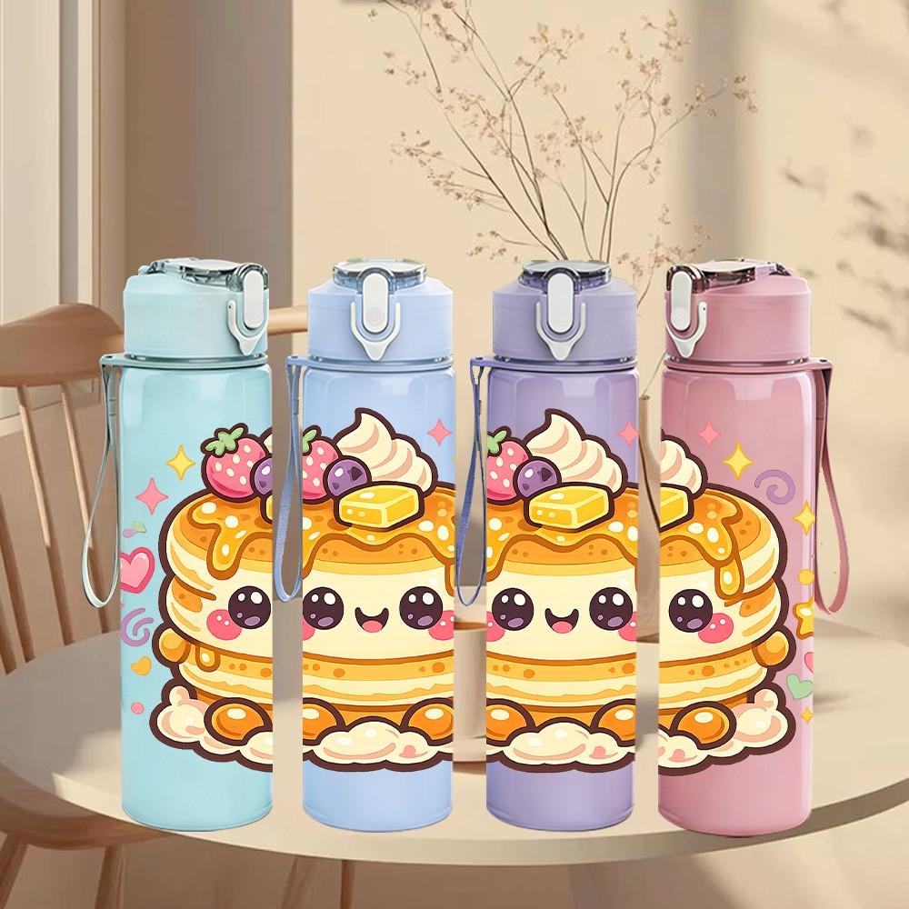 1PC Sweet Pancake Breakfast Art 750ml Color Plastic Sports Water Bottle Leakproof Flip Straw Lid Suitable for Sports Office Home Use