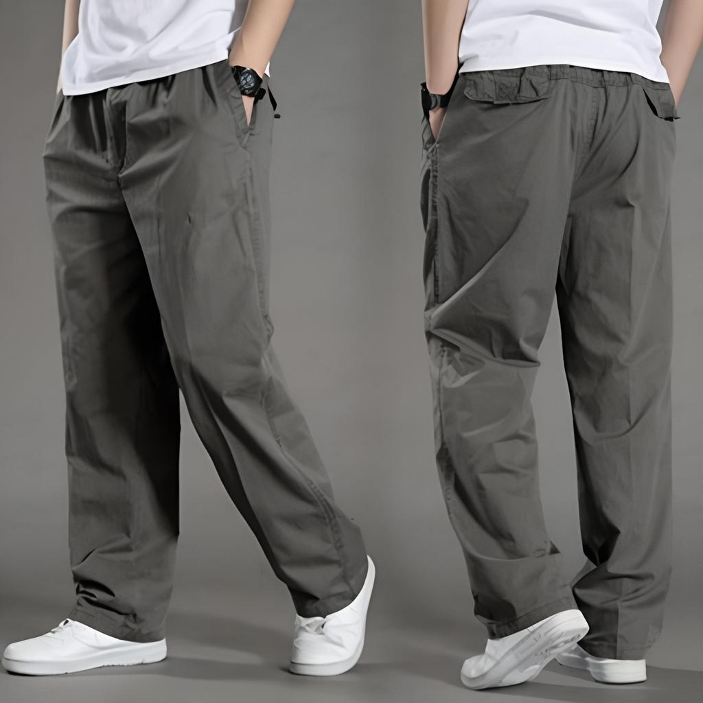 Men Cargo Pants Spring Fall Elastic Waist Drawstring Solid Color Casual Loose Large Pocket Soft Male Straight Wide Leg Trousers Menswear