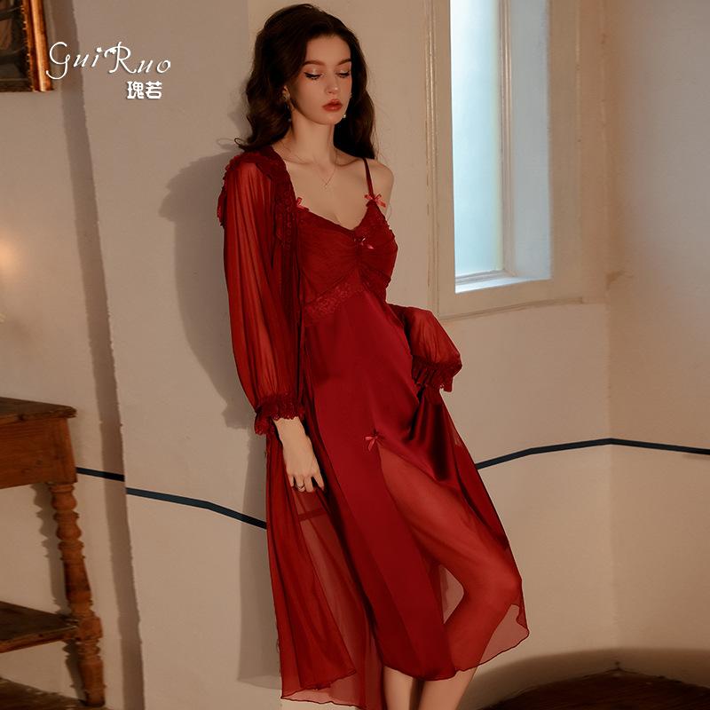 Women's Silky Mesh Push Up Padded Cami Sleep Dress with Robe Lounge Set