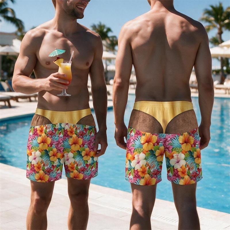 Funny Fake Buttocks Short Pants For Men Summer Personality Beach Party Swim Trunks Loose Breathable Boyfriend Husband Fun Gift