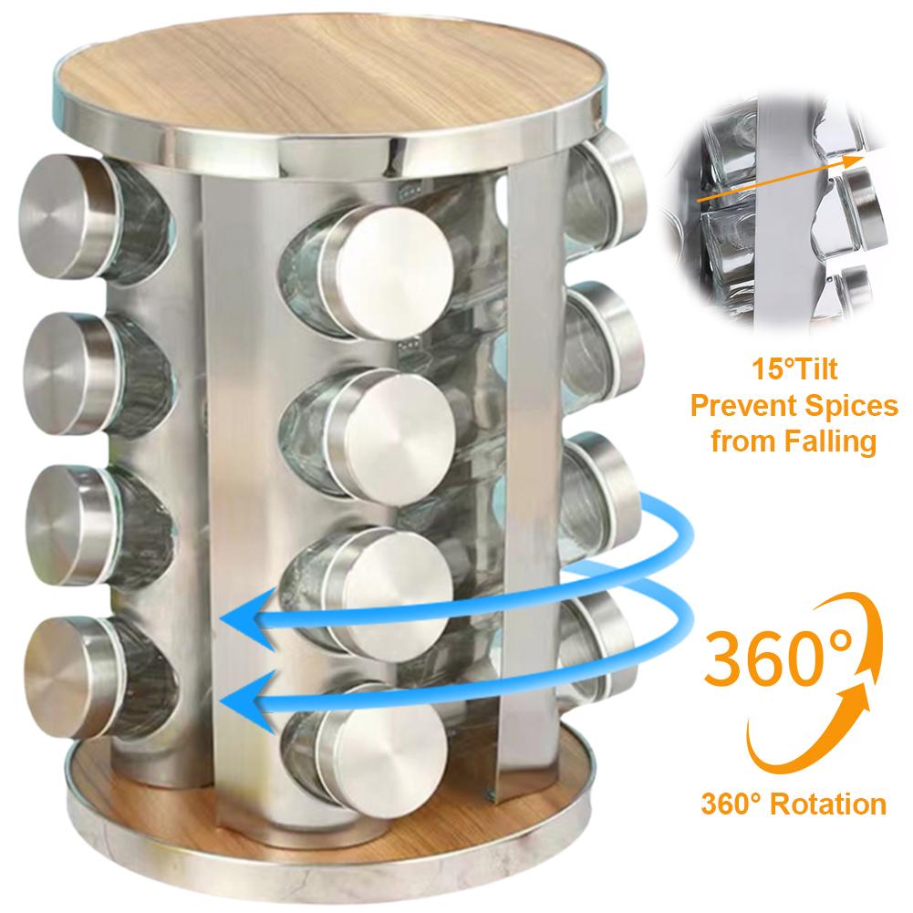 Stainless Steel 360° Rotating Spice Rack 16 Glass Jars 3oz Revolving Seasoning Organizer for Kitchen Countertop Cabinet
