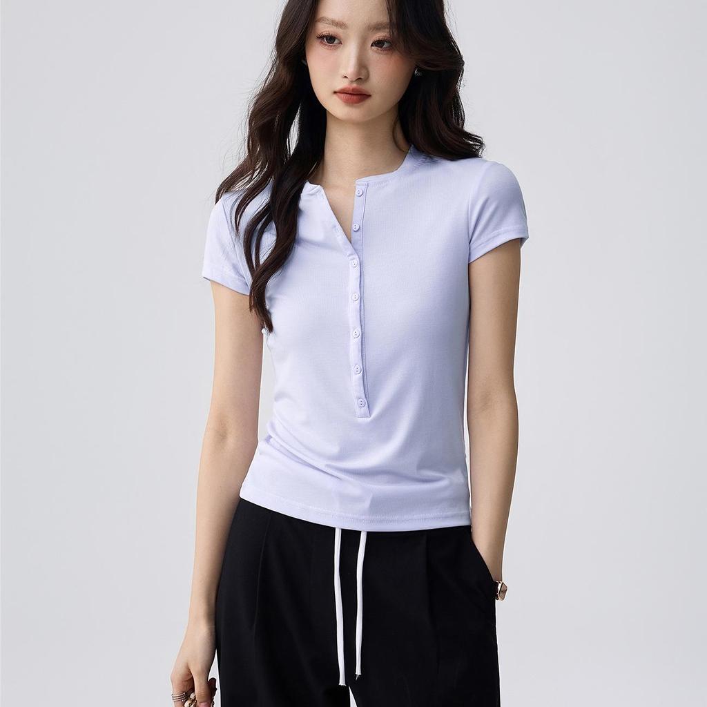 Women's Elegant Tencel Lyocell Henley Short Sleeve Slim Fit Top