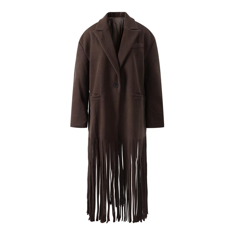 

Шерстяное длинное пальто с кисточками, женское осенне-зимнее однобортное пальто с отложным воротником и карманами, элегантное пальто L коричневый