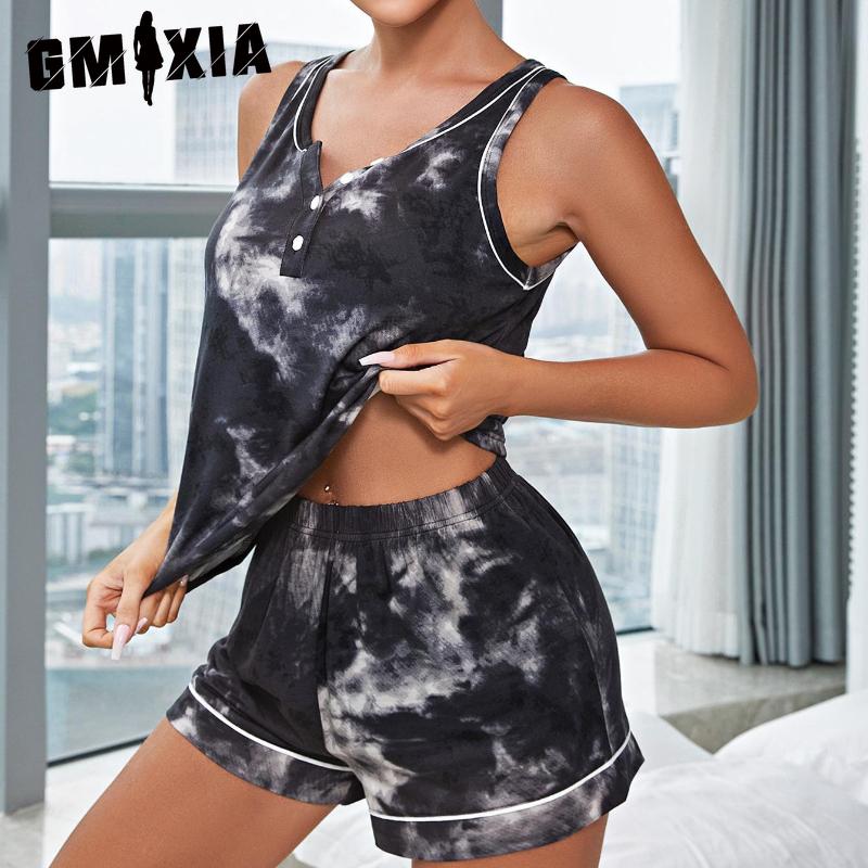 

GMXIA Homewear Women s Summer Tie-Dye Sleeveless Vest Shorts Pajama Set XL чорний