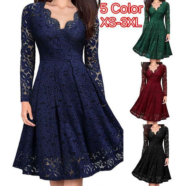 Womens Lace Dress New Solid Color V Neck Long Sleeve Big Swing Slim Midi Skirt Ladies Autumn and Winter Party Fashion Dresses