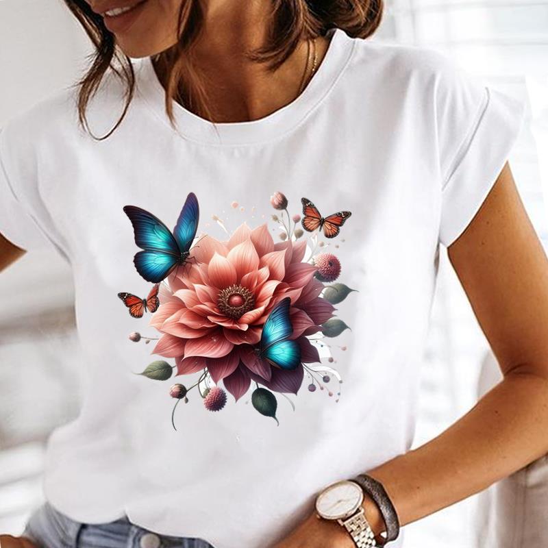 (Asian Size)  Tee Top Short Sleeve T Shirt cartoon butterfly style Women Clothing Casual Fashion Print Lady Female Graphic T-shirts