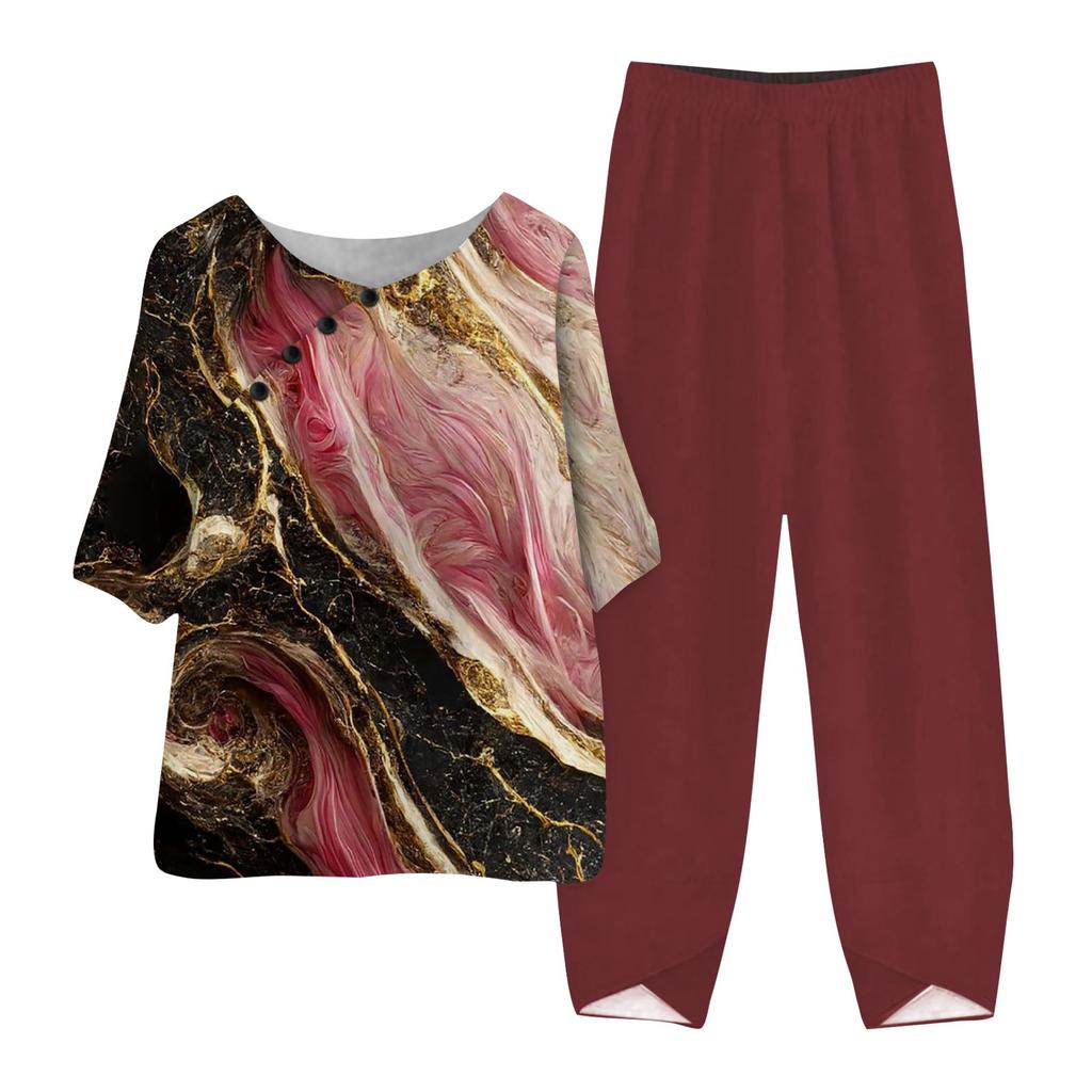 Women's Summer Half Sleeve Printed Tops Elastic Waist Piece Pants Two Piece Set