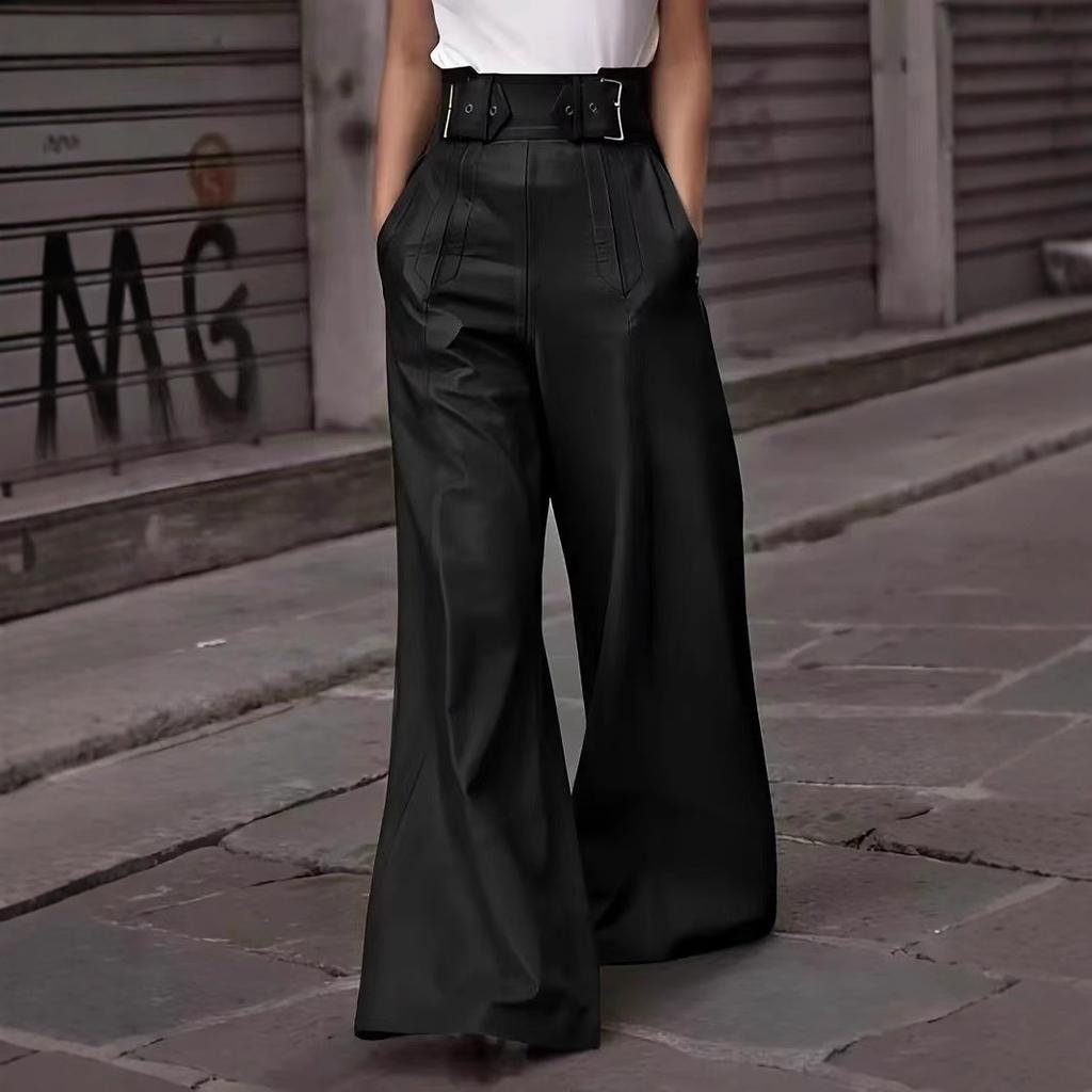 Women Fashion Faux Leather High Waist Wide Leg Loose Pants Sashes Zipper 2025 Spring Party Casual Street PU Trousers