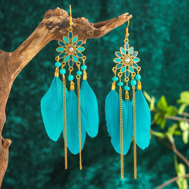 Bohemian Long Sun Flower Feather Earrings for Women Trendy Ethnic Retro Gold Color Chain Tassel Earring Wedding Vacation Jewelry