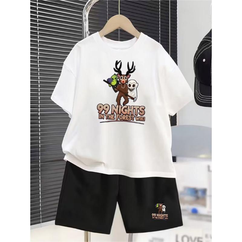 

European Size Childrens Crew Neck Short Sleeved T Shirt with Fantasy Forest Themed Print 164cm білий