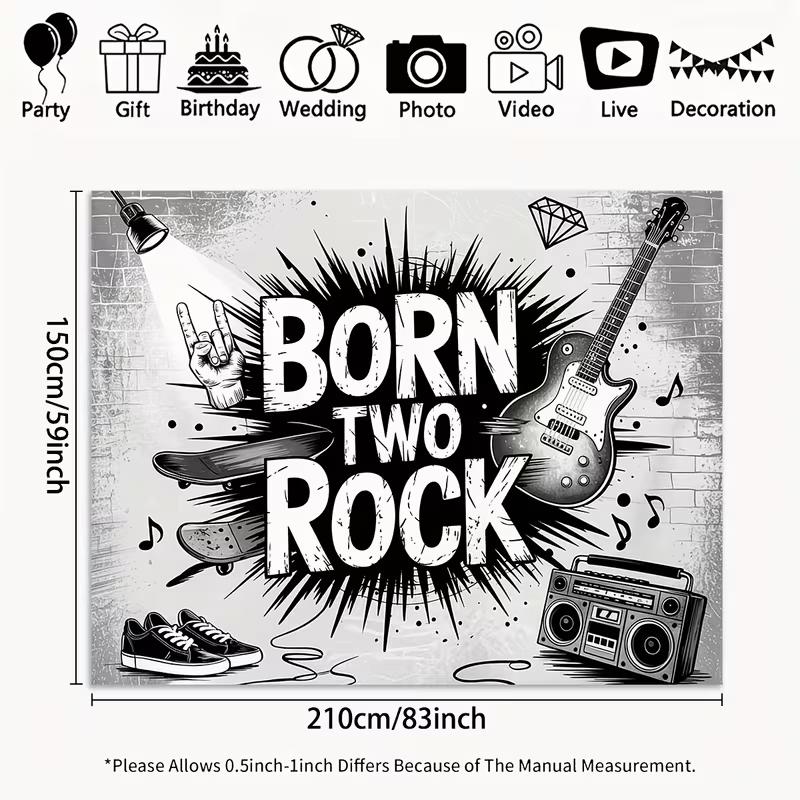 2D Black White Rock Themed Backdrop, Born Two Rock Kids 2nd Birthday Background Banner 47.2x31.5inch/120*80cm