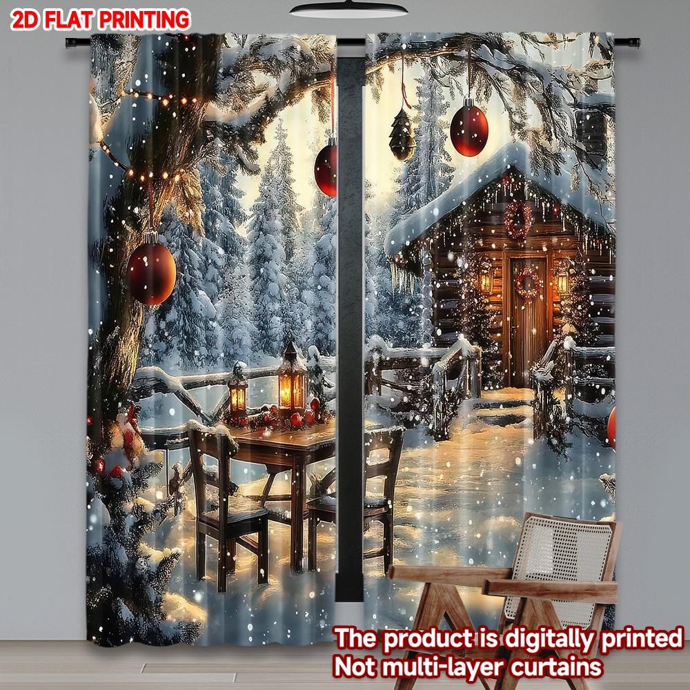 Flat Printing Christmas Hot Curtains Snowy Cabin Scene Digital Printed Polyester Drapes Birthday Party Perfect Curtain Set Of 2 Made Washable