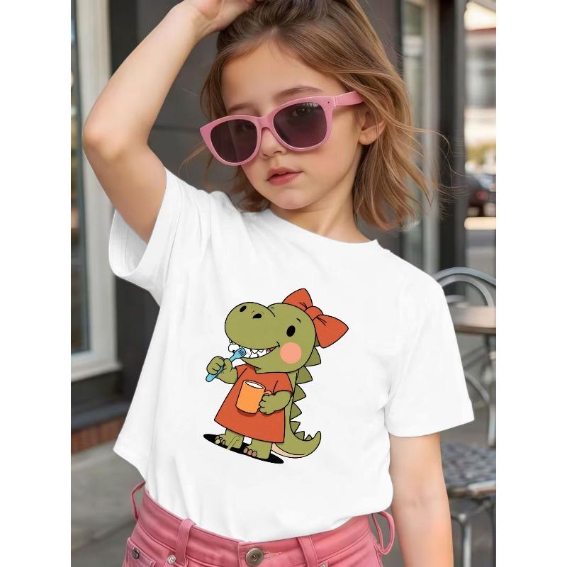 Girls Cartoon Dinosaur Brushing Teeth Drinking Tea Print Orange Short Sleeve Dress, Cute Daily Casual Outfit