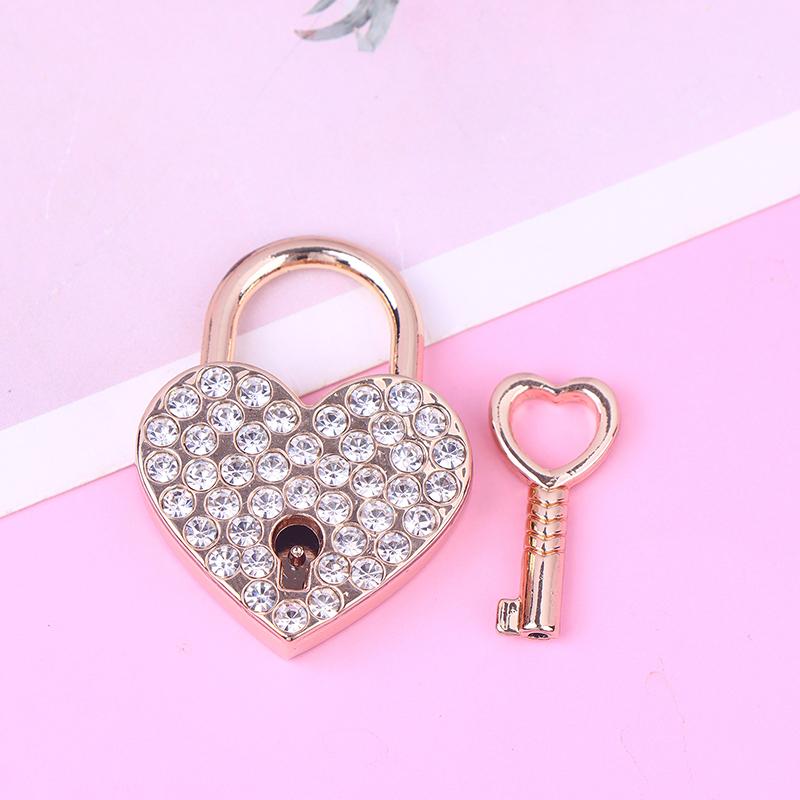 New Metal Love Wish Lock Keyed Padlocks Diamonds Heart Shaped Lock For Jewelry Box Small Wooden Box