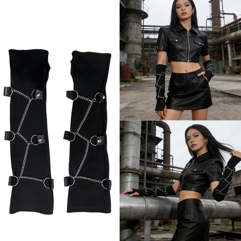 Dark Gothic Chain Long Fingerless Gloves Wrist Wrap Decorative Arm Sleeves For Women Punk Fashion And Stage Performances