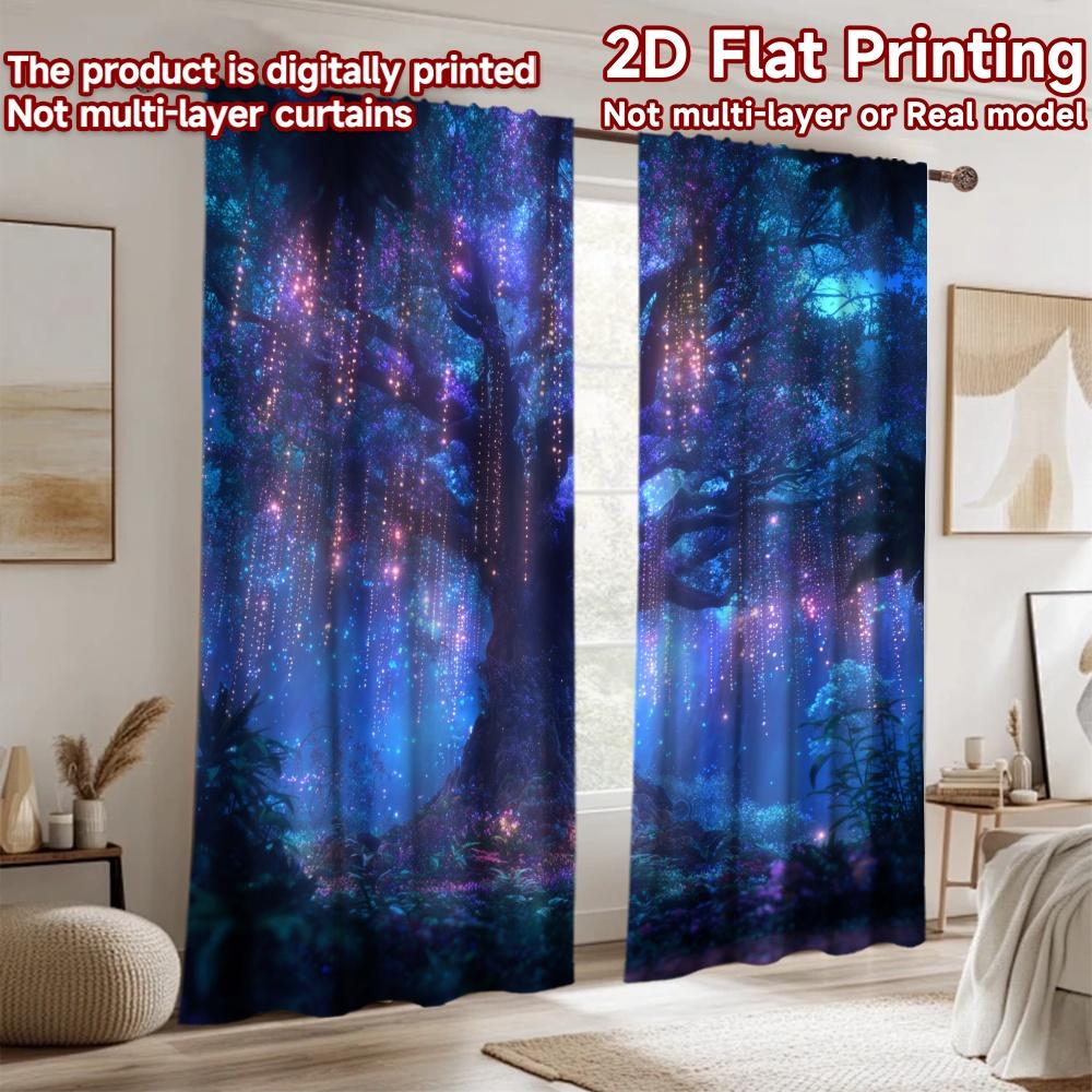2D flat printing 2pcs Party Window Curtains Enchanted Forest Glowing Bioluminescent Tree Digital Printed Polyester Drapes Family