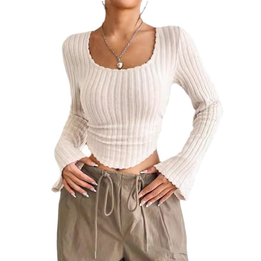 

Женская футболка с квадратным вырезом, рубчик, расклешенная, с длинным рукавом, весна/лето 2024 Small абрикосовый