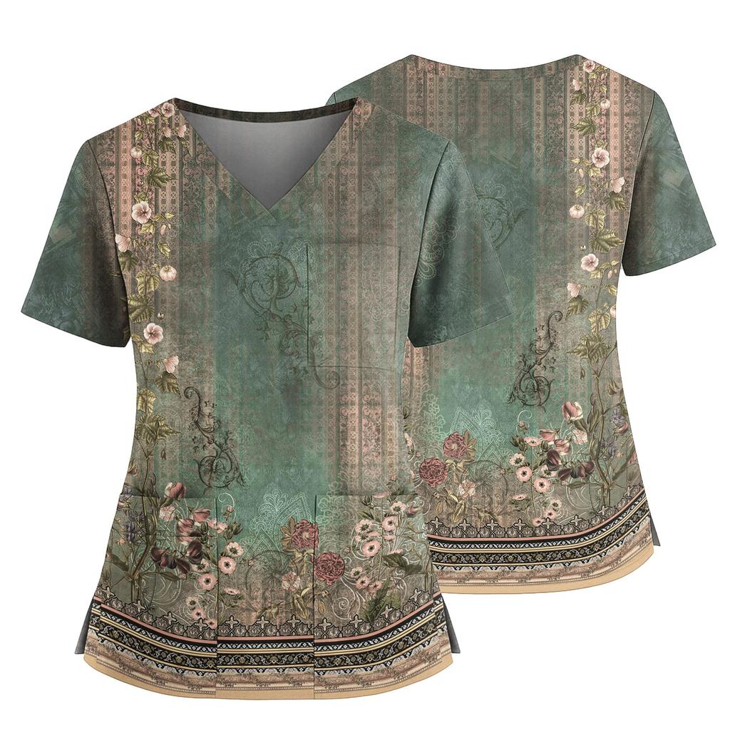 Women's Casual Printed V-Neck Pocket Side Slit Short Sleeved Top Short Sleeved Top