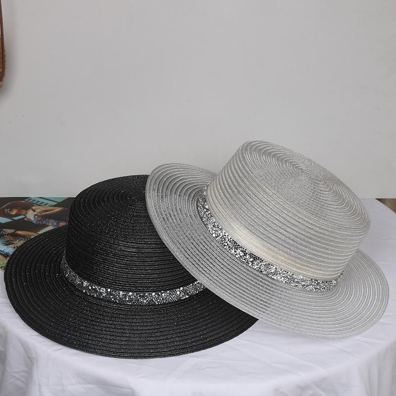 Silver Wire Braided Flat Top Straw Sun Hat With Wide Brim Diamond Waist Cover Light Luxury Summer High-End Sun Protection