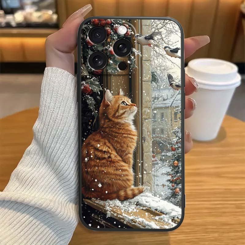 Cute cartoon cat illustration For Apple iPhone 17 16 16E 15 14 13 12 11 Pro Max Plus Black Soft Silicone Phone Case