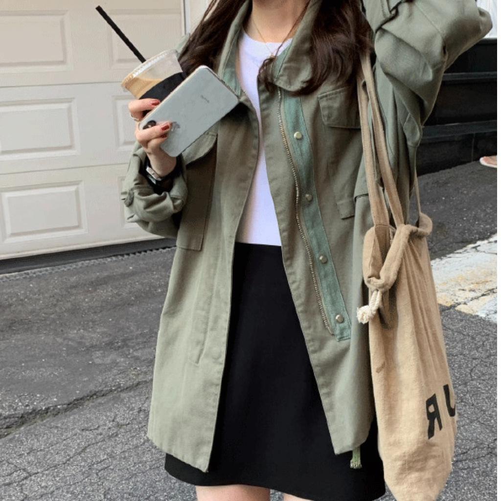 Korean Green Workwear Windbreaker: Women's Retro Petite Spring-Autumn Casual Short Loose Jacket