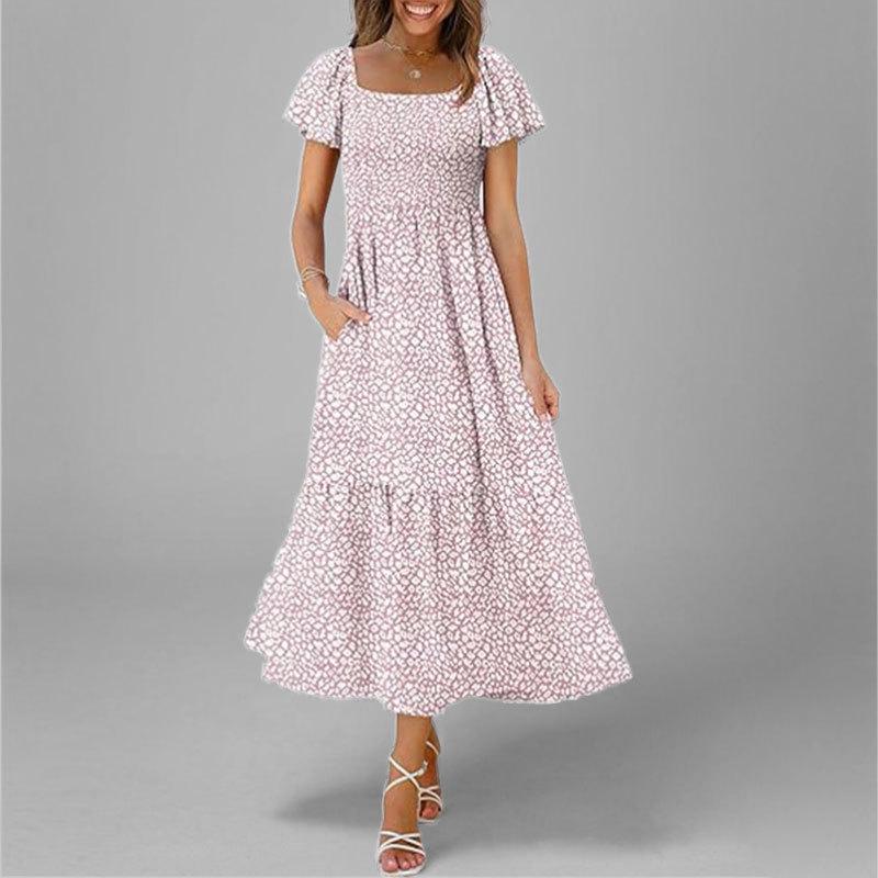 

Жіноча літня сукня з квітковим принтом та однотонна, сукня міді з квадратним вирізом, рюшами та короткими рукавами, багатоярусна, повсякденна сукня в стилі бохо-шик 3XL