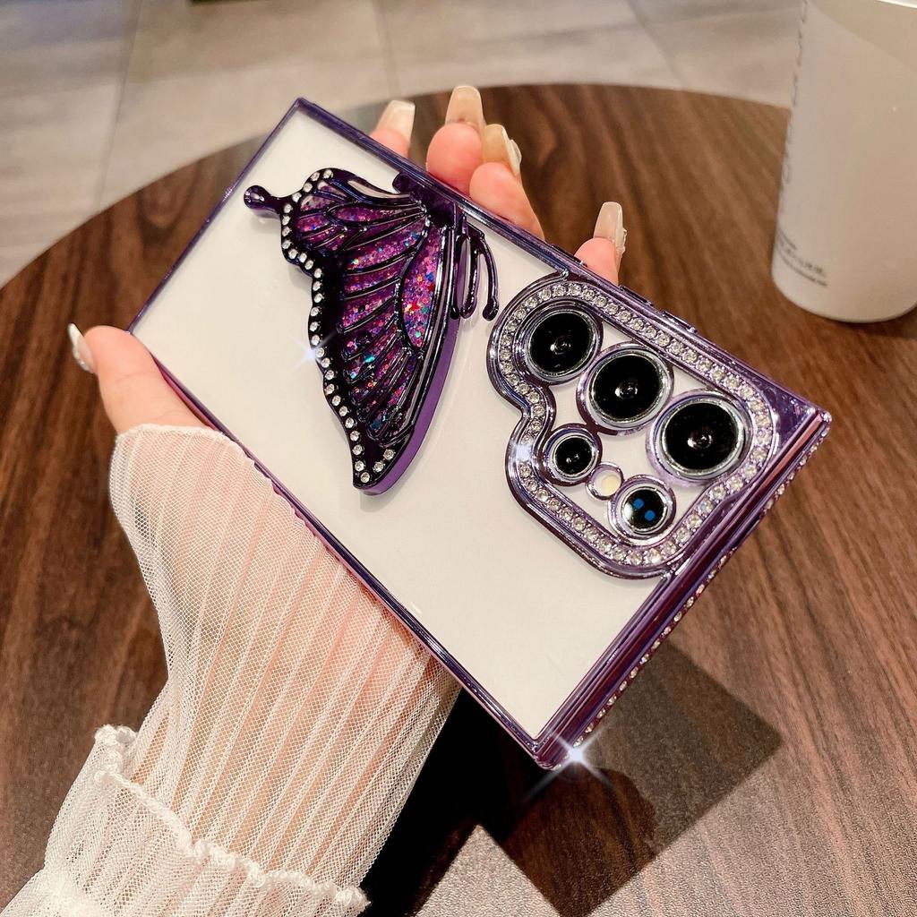 Suitable for Samsung S25ultra Mobile Phone Case Rhinestone Luxury Glitter S24 Butterfly Stand A55 Protective Case for Women A73