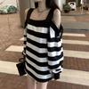 Women New Striped Sweatshirt Loose and Slim Lantern Sleeves Off-shoulder Mid-length Popular on the Street Sweatshirts