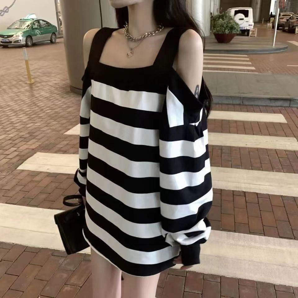 Women New Striped Sweatshirt Loose and Slim Lantern Sleeves Off-shoulder Mid-length Popular on the Street Sweatshirts