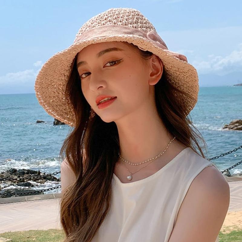 Elegant Bows Straw Hat for Women Breathable Summer Beach Hat Sun Protections Wide Brims Fisherman Cap