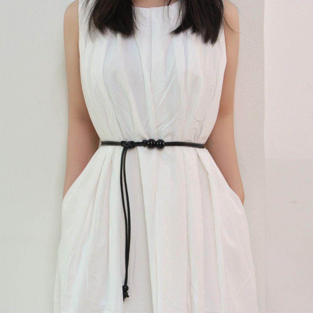 With Beaded Adjustable Slim Belt Casual Luxury Design Knot Waist Belt Vintage Thin Leather Rope Belt